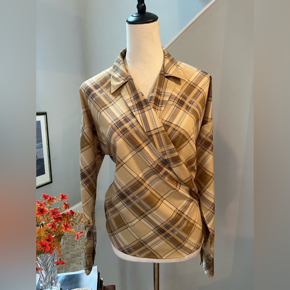 LAUREN RALPH LAUREN Plaid Wrap “RAITANA” Surplice Blouse w Long Sleeves